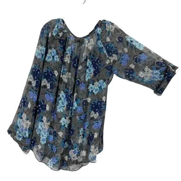 Nwot Karen Kane Blouse XL SILK Chiffon Sheer Floral Blue Roll-Tab-Long-Sleeve - Picture 2 of 11